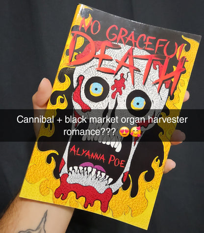 Book titled 'No Graceful Death' held by a person with a dark background